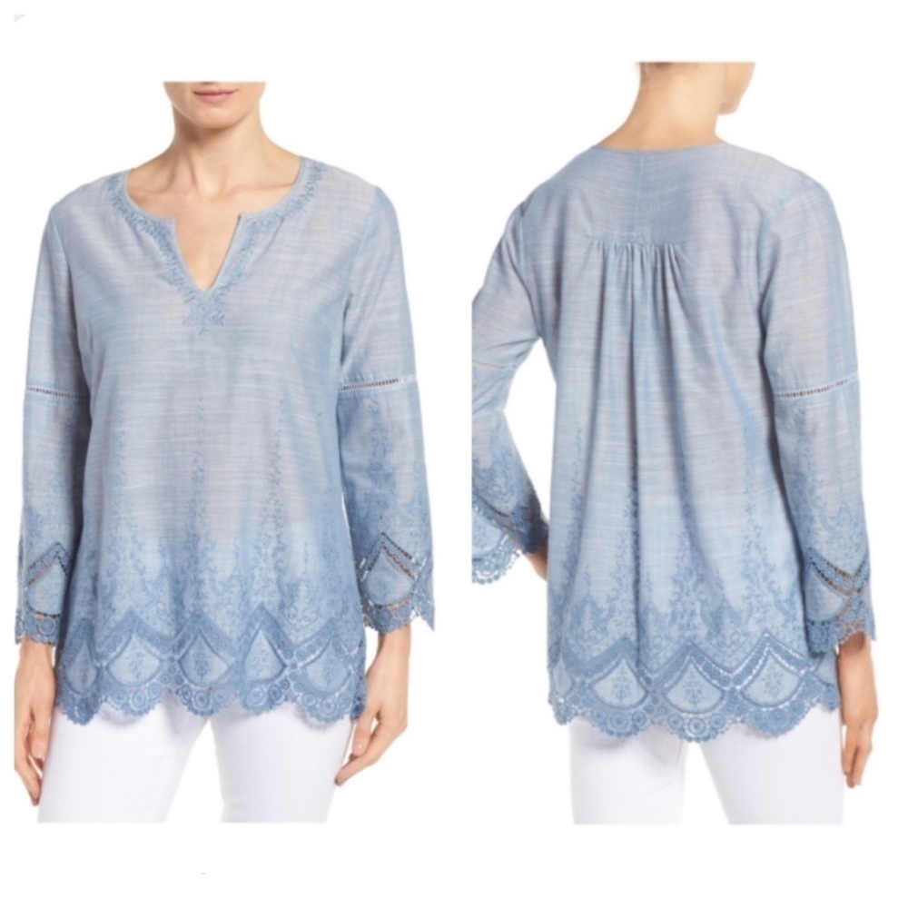 NYDJ | Blue NWT Embroidered Chambray Long Sleeve Cutout Scalloped Hem Tunic S